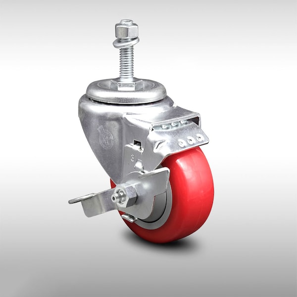 Service Caster 3.5 Inch SS Red Polyurethane Swivel 3/8 Inch Threaded Stem Caster with Brake SCC-SSTS20S3514-PPUB-RED-TLB-381615 - main